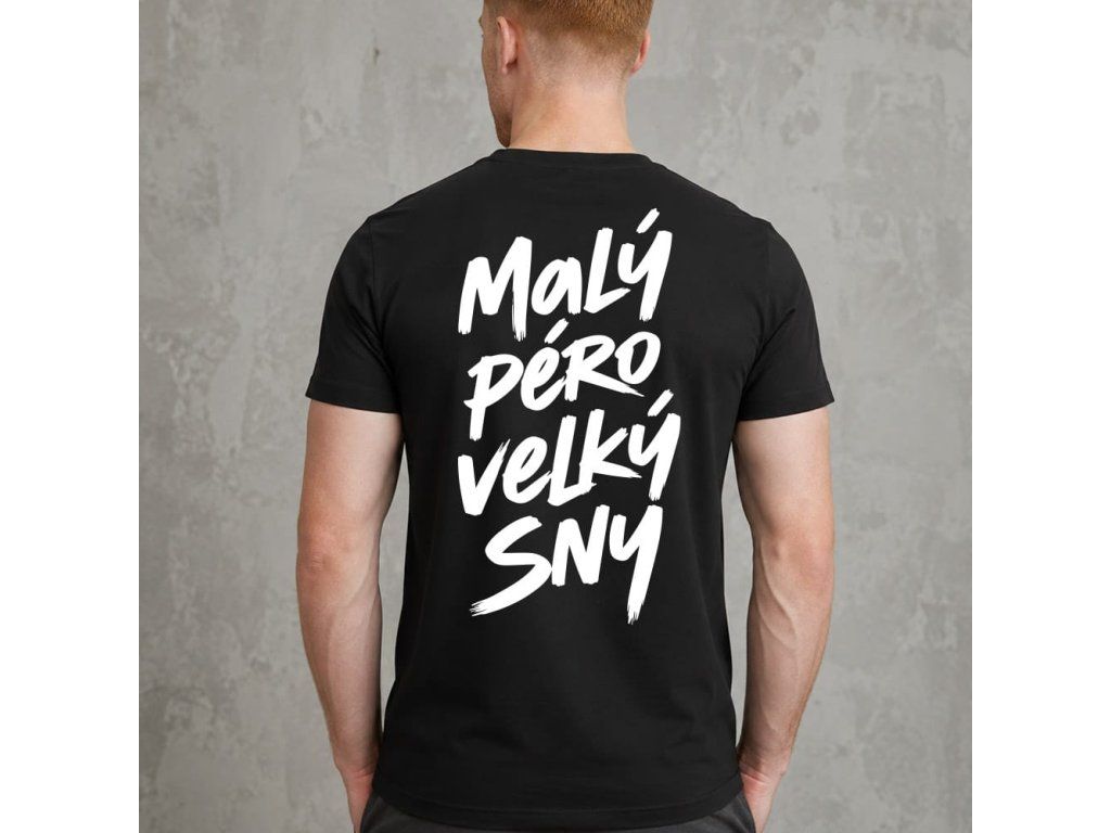 Černé pánské tričko Malý péro, velký sny s brush potiskem na zádech