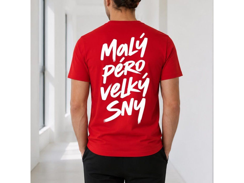 Červené pánské tričko Malý péro, velký sny s výrazným brush motivem