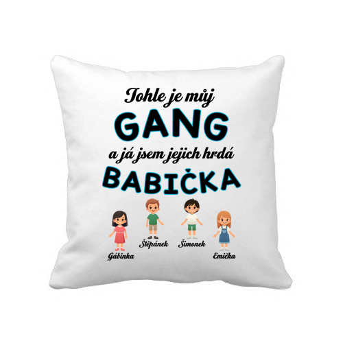 Bílý polštářek Hrdá babička s postavičkami vnoučat