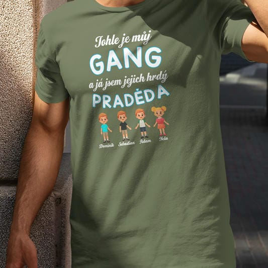 Khaki pánské tričko Hrdý praděda s postavičkami pravnoučat